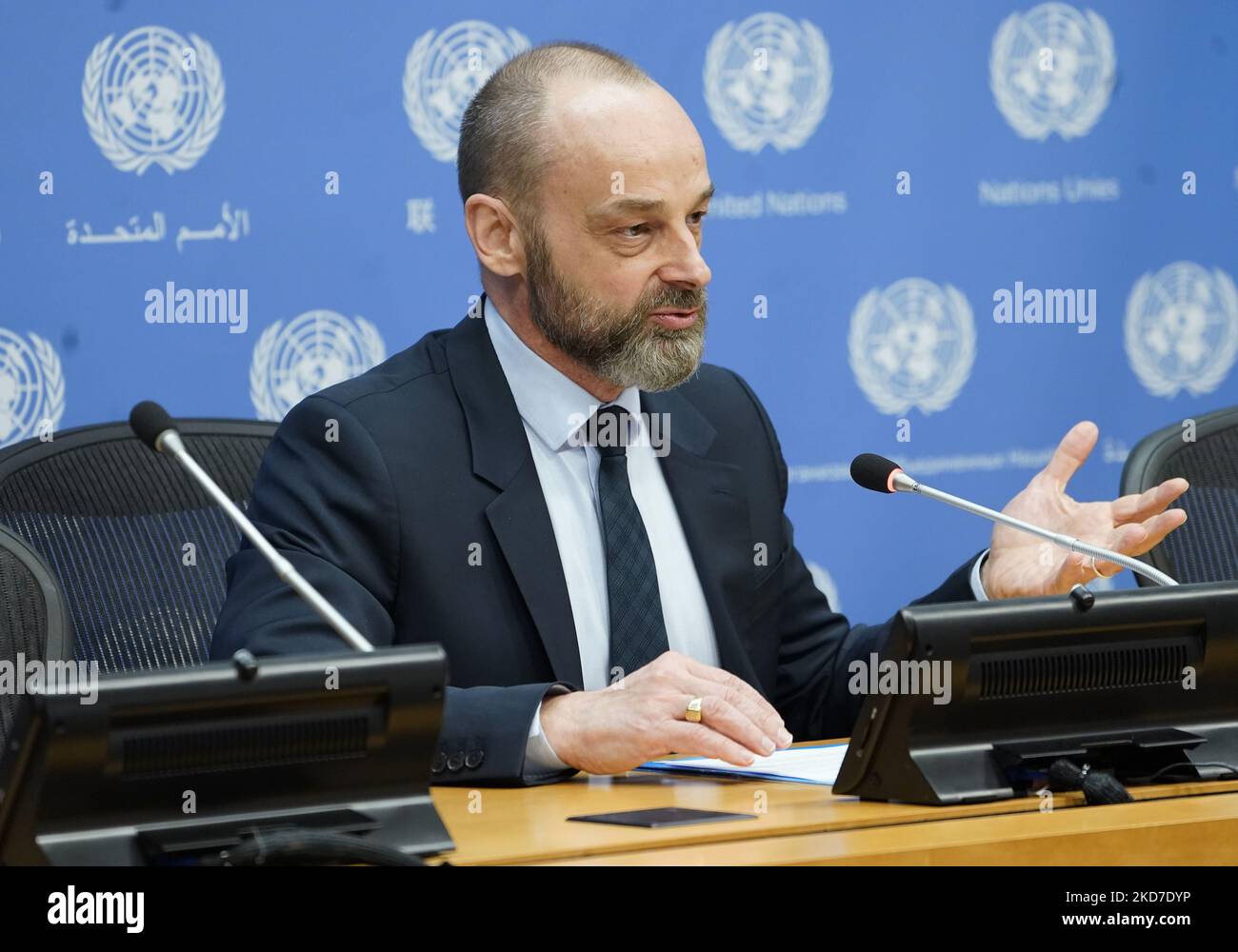 Manuel Fontaine, direttore dei programmi di emergenza presso l'UNICEF aggiorna i media sull'impatto della guerra sui bambini presso la sede delle Nazioni Unite, il 11,2022 aprile, a New York City, USA. Recentemente rientrato da diverse città ucraine, il direttore Fontaine ha discusso l'impatto del conflitto sui bambini, affermando che alla data degli oltre sette milioni di bambini prima della guerra, più di due milioni sono emigrati. (Foto di John Lamparski/NurPhoto) Foto Stock