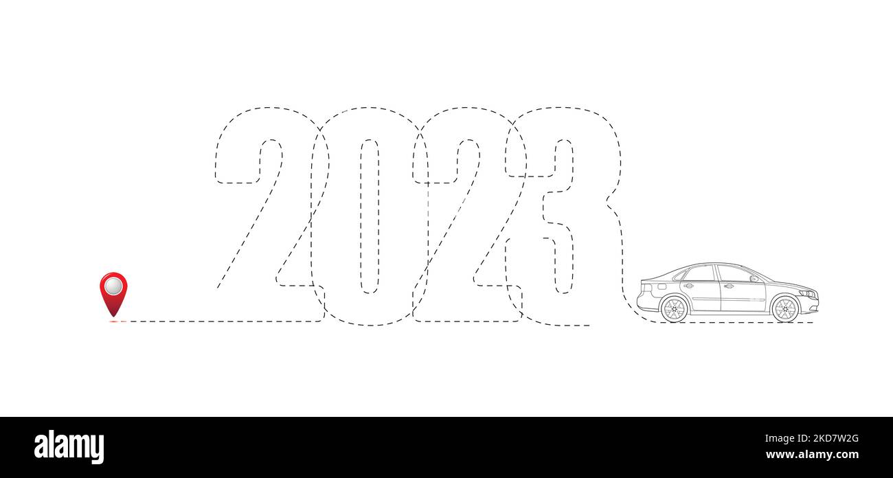 Buon Natale e Capodanno concept, destinazione con 2023 percorso. Viaggia in auto nel nuovo anno. Illustrazione Vettoriale