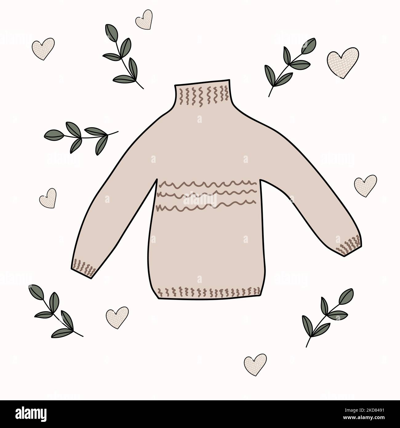 arte, adorabile maglione caldo tra ramoscelli e cuori Illustrazione Vettoriale
