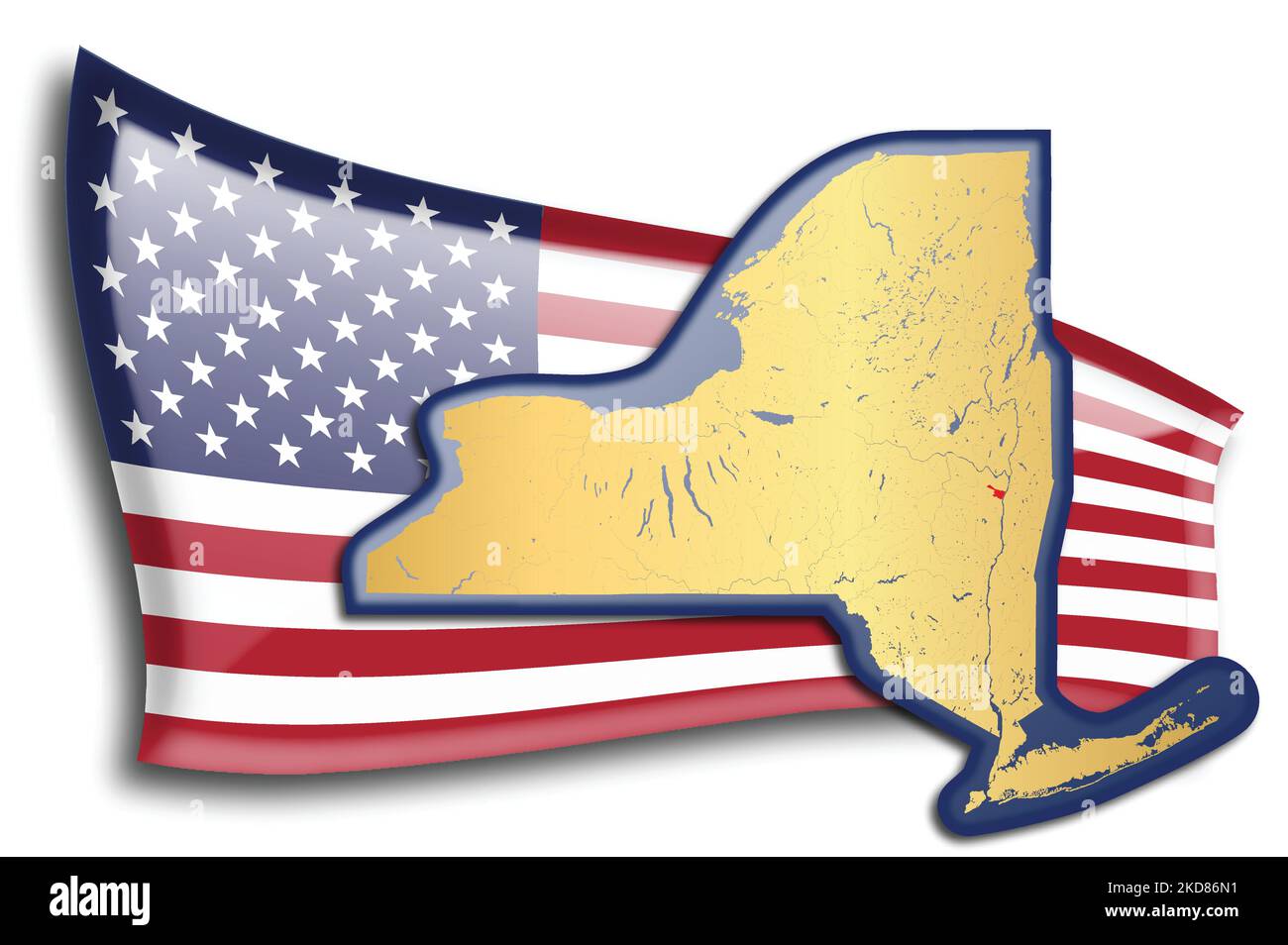 stati Uniti - mappa di New York contro una bandiera americana. Fiumi e laghi sono mostrati sulla mappa. La bandiera americana e la mappa dello stato possono essere utilizzate separatamente e. Illustrazione Vettoriale