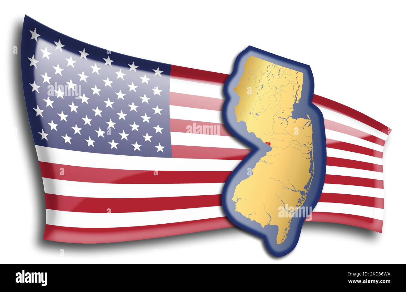 stati Uniti - mappa del New Jersey contro una bandiera americana. Fiumi e laghi sono mostrati sulla mappa. La bandiera americana e la mappa dello stato possono essere utilizzate separatamente Illustrazione Vettoriale