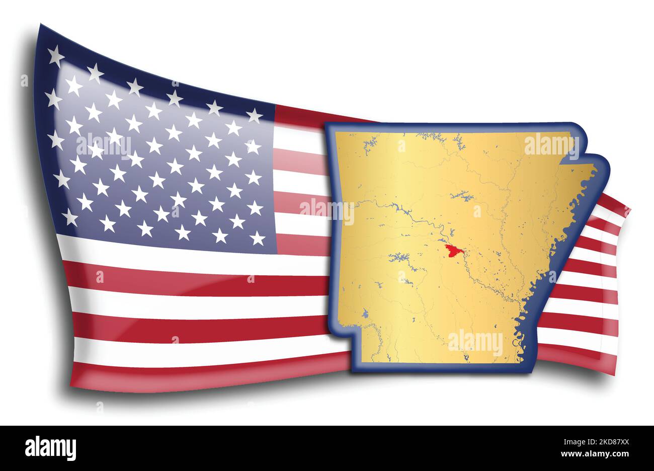 stati Uniti - mappa dell'Arkansas contro una bandiera americana. Fiumi e laghi sono mostrati sulla mappa. La bandiera americana e la mappa dello stato possono essere utilizzate separatamente e. Illustrazione Vettoriale