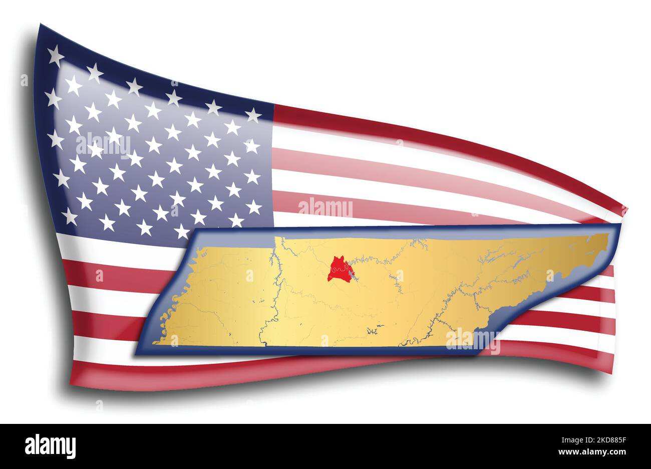stati Uniti - mappa del Tennessee contro una bandiera americana. Fiumi e laghi sono mostrati sulla mappa. La bandiera americana e la mappa dello stato possono essere utilizzate separatamente e. Illustrazione Vettoriale