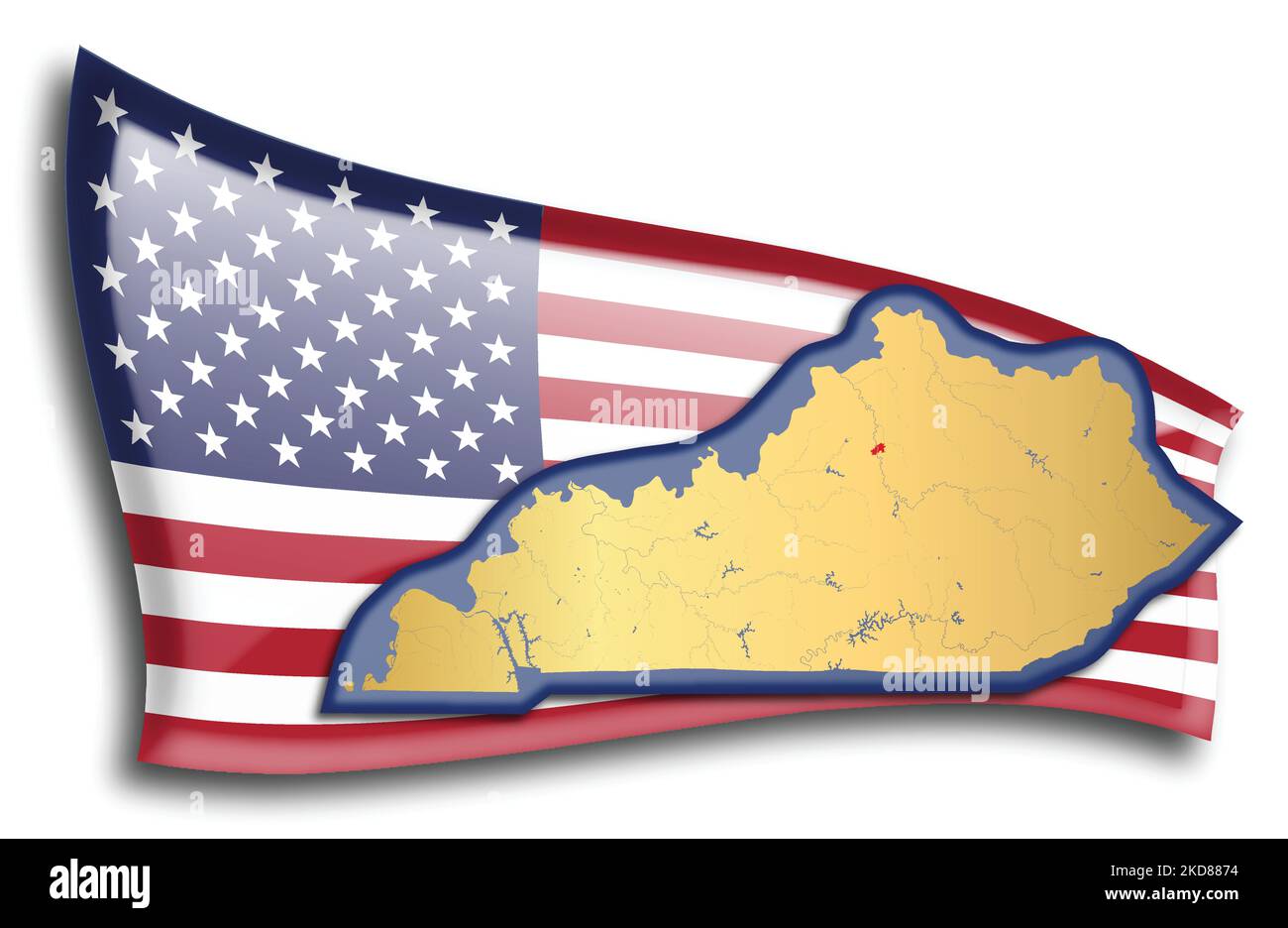 stati Uniti - mappa del Kentucky contro una bandiera americana. Fiumi e laghi sono mostrati sulla mappa. La bandiera americana e la mappa dello stato possono essere utilizzate separatamente e. Illustrazione Vettoriale
