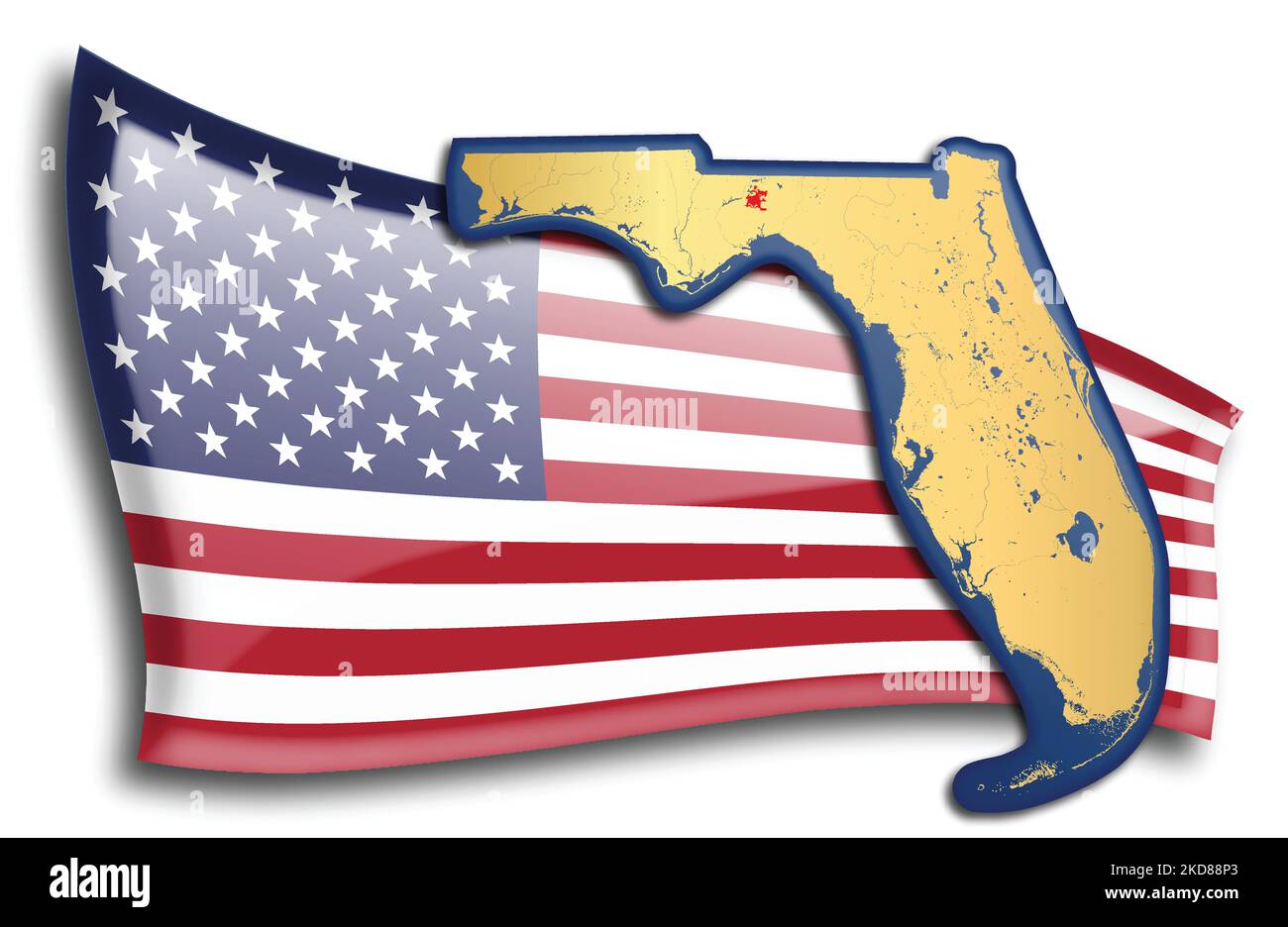 stati Uniti - mappa della Florida contro una bandiera americana. Fiumi e laghi sono mostrati sulla mappa. American Flag e la Mappa dello Stato possono essere utilizzate separatamente ed e. Illustrazione Vettoriale