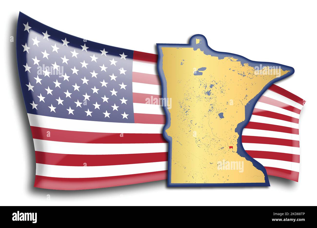 stati Uniti - mappa del Minnesota contro una bandiera americana. Fiumi e laghi sono mostrati sulla mappa. La bandiera americana e la mappa dello stato possono essere utilizzate separatamente e. Illustrazione Vettoriale