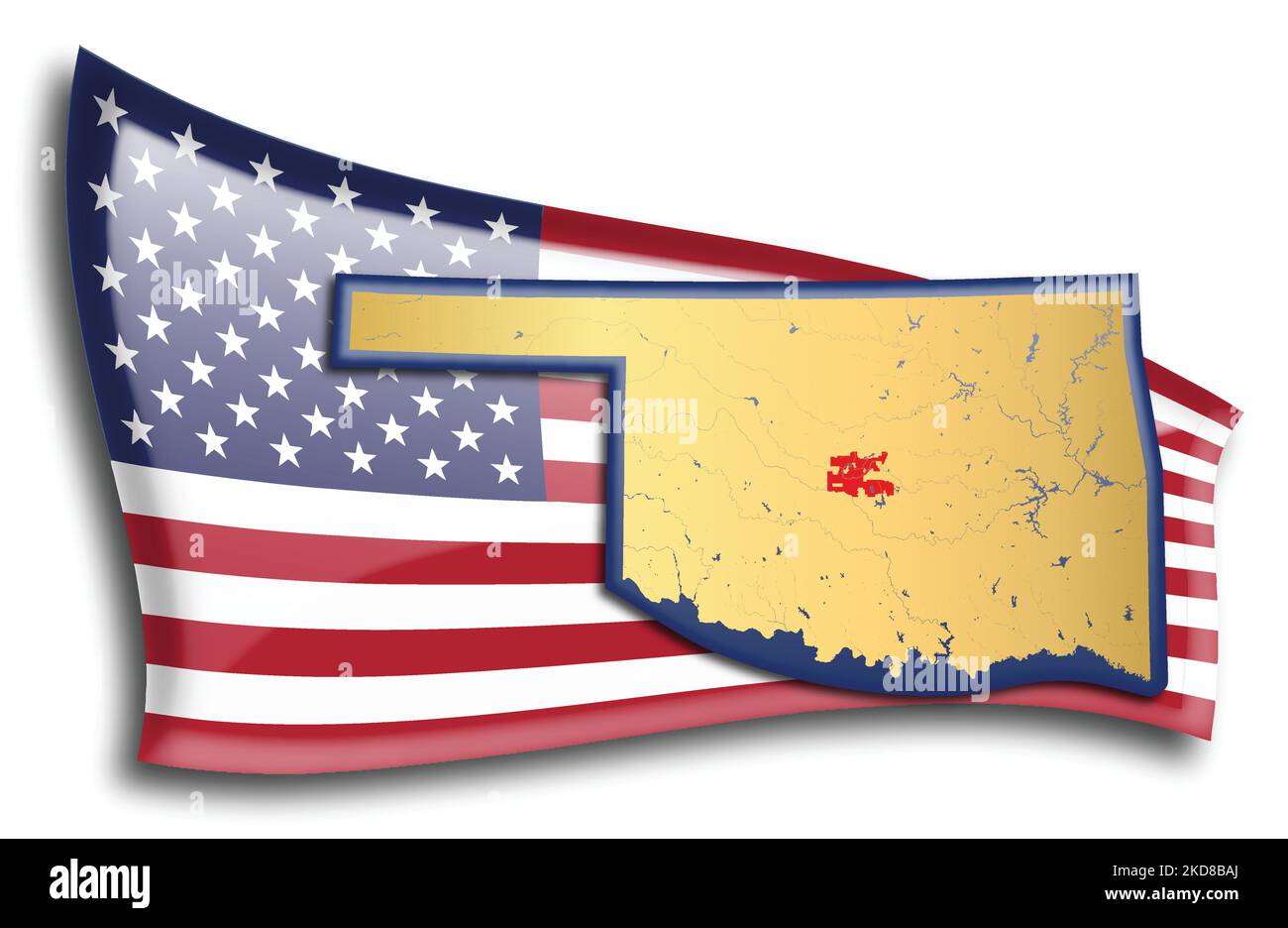 stati Uniti - mappa dell'Oklahoma contro una bandiera americana. Fiumi e laghi sono mostrati sulla mappa. La bandiera americana e la mappa dello stato possono essere utilizzate separatamente e. Illustrazione Vettoriale