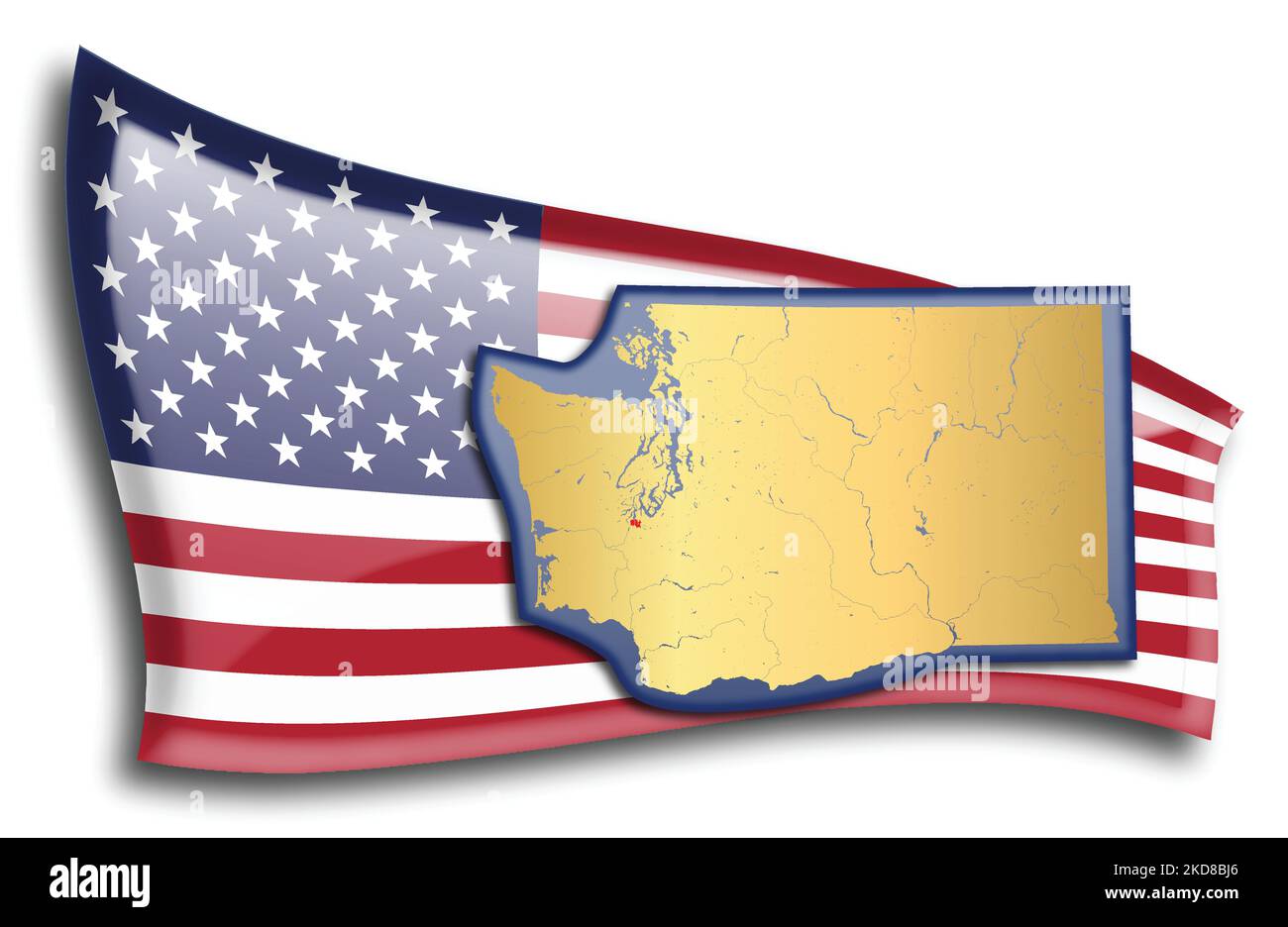 stati Uniti - mappa di Washington contro una bandiera americana. Fiumi e laghi sono mostrati sulla mappa. La bandiera americana e la mappa dello stato possono essere utilizzate separatamente Illustrazione Vettoriale