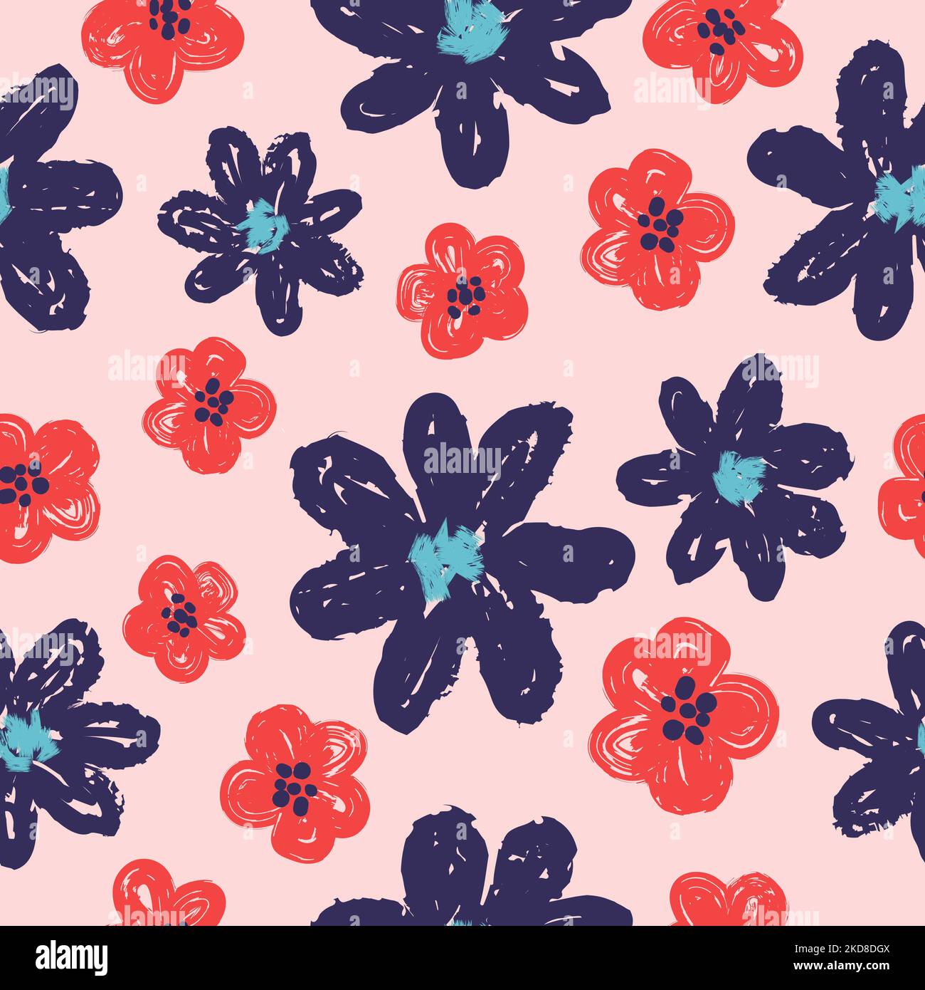 Motivo floreale senza cuciture con fiori rossi e blu disegnati a mano. Illustrazione Vettoriale