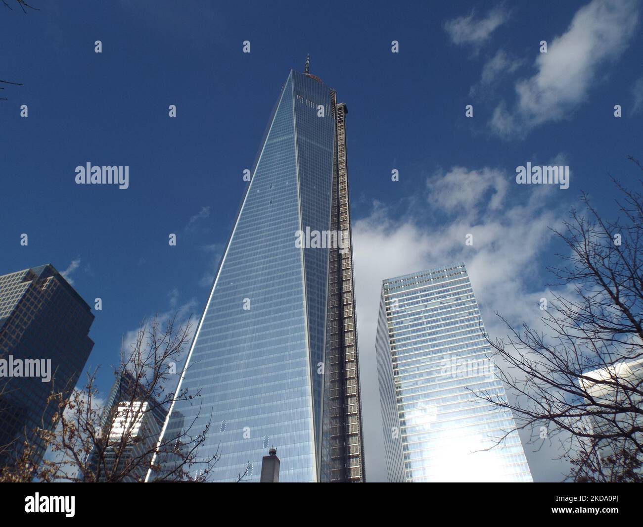 Un angolo basso dell'One World Trade Center contro il cielo blu di New York City Foto Stock