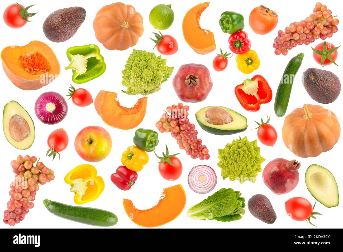 Sfondo di verdure colorate, frutta e bacche su bianco Foto Stock