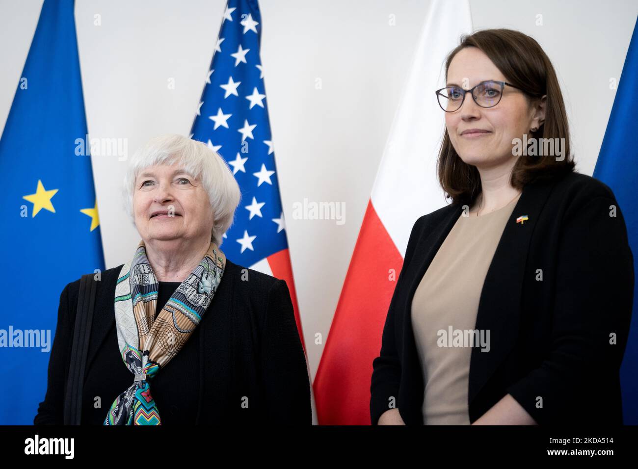 Il Segretario del Tesoro degli Stati Uniti Janet Yellen incontra il Ministro delle Finanze polacco Magdalena Rzeczkowska al Ministero di Varsavia, Polonia il 16 maggio 2022 (Foto di Mateusz Wlodarczyk/NurPhoto) Foto Stock