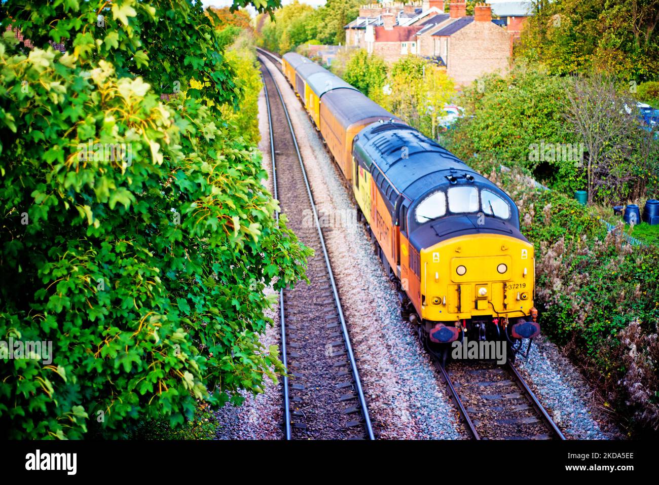 Classe 37219 sul treno di prova Network Rail al Crishton Road Bridge, York, Inghilterra Foto Stock