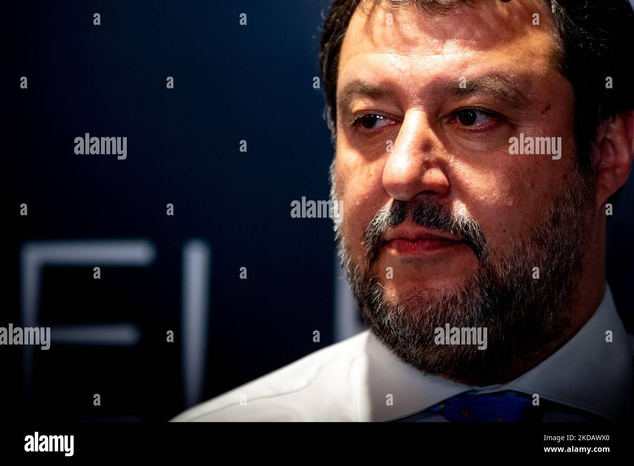 Il leader della Lega Nord Matteo Salvini a Rieti sosterrà il referendum sulla giustizia del 12 giugno e il candidato di Centro destra Daniele Sinibaldi, candidato alle elezioni comunali del 2022. A Rieti, 24 maggio 2022 (Foto di Riccardo Fabi/NurPhoto) Foto Stock