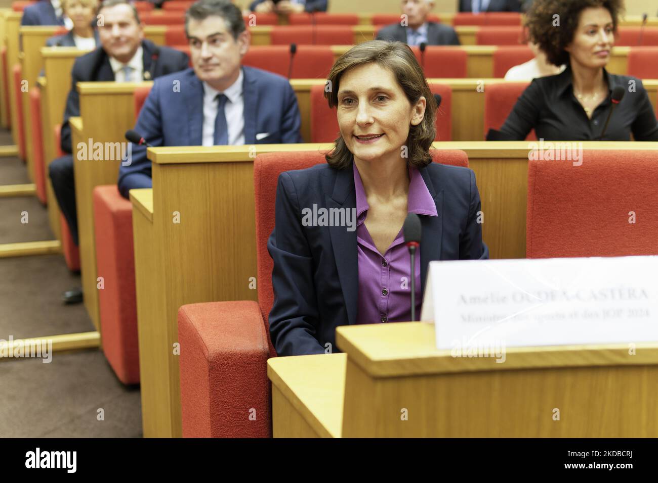 FRANCIA – PARIGI – POLITICA – SPORT – DISORDINE – STADE DE FRANCE – il Ministro dello Sport francese Amelie Oudea-Castera partecipa alla sua audizione alla Commissione di diritto del Senato francese sul disordine e il gas lacrimogeno sparati dalla polizia fuori dallo stadio Stade de France prima della partita con migliaia di persone Tifosi di Liverpool durante la finale della Champions League REAL MADRID e LIVERPOOL - 1 giugno 2022, Parigi (Foto di Daniel Pier/NurPhoto) Foto Stock