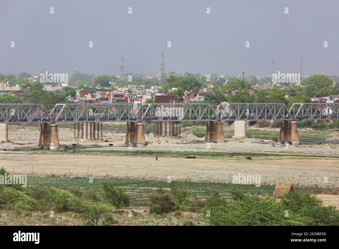 Il ponte ferroviario attraversa il fiume Yamuna (che si è quasi asciugato a causa di temperature record e di un'onda di calore) ad Agra, Uttar Pradesh, India, il 04 maggio 2022. (Foto di Creative Touch Imaging Ltd./NurPhoto) Foto Stock