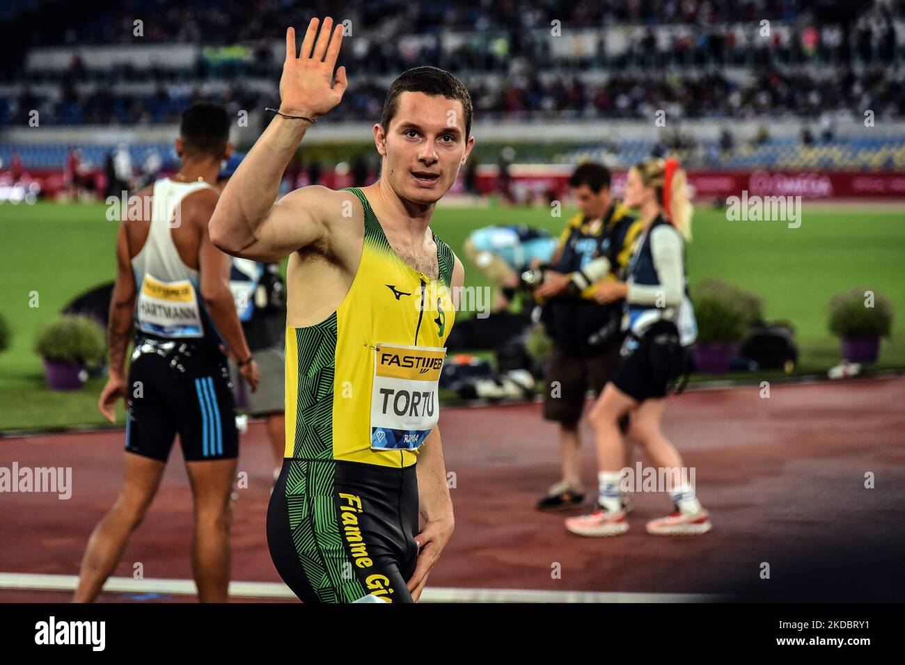 Filippo Tortu d'Italia si pone dopo aver gareggato in 200 metri uomini durante la IAAF Wanda Diamond League: Golden Gala Pietro Mennea allo Stadio Olimpico il 09 giugno 2022 a Roma (Foto di Michele Maraviglia/NurPhoto) Foto Stock