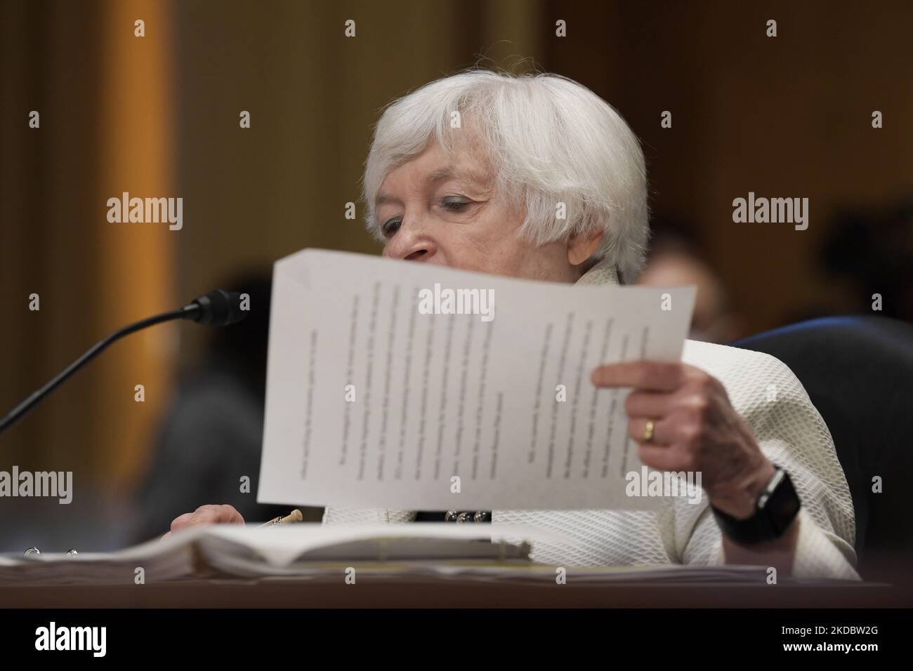 Il Segretario DEL Dipartimento del Tesoro DEGLI STATI UNITI Janet Yellen parla dinanzi al Comitato finanziario del Senato circa di esaminare i Presidenti proposta di richiesta di bilancio per l'anno fiscale 2023 durante un'audizione, oggi il 07 giugno 2022 al Senato Dirksen/Capitol Hill a Washington DC, USA. (Foto di Lenin Nolly/NurPhoto) Foto Stock