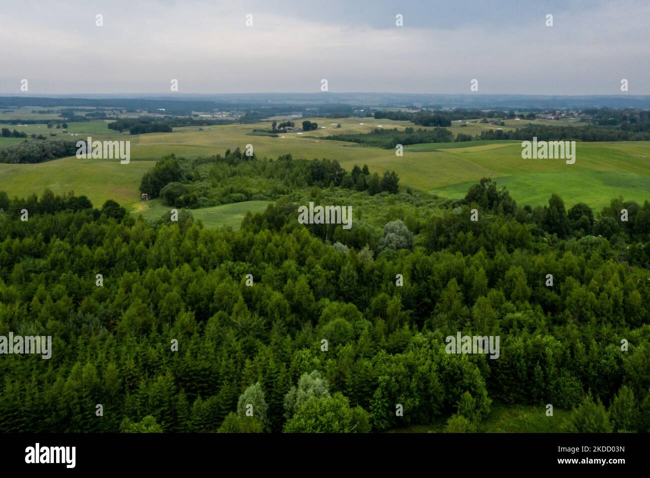 Una vista drone della zona rurale di Suvalki Gap in Lituania il 29 giugno 2022. Il confine polacco con la Lituania si trova tra l'oblast di Kaliningrad (parte della Russia) e la Bielorussia e si estende per 100 chilometri. L'area si chiama Suwalki Gap ed è l'unico collegamento tra gli Stati baltici e il resto della NATO e dell'Unione europea. Dopo che la Lituania si è rifiutata di trasportare merci sanzionate per ferrovia dalla terraferma russa a Kaliningrad, Vladimir Putin, presidente russo, ha minacciato la Lituania con gravi conseguenze. Sia la NATO che l'Unione europea temono che Suwalki Gap, un corridoio relativamente stretto con Ba Foto Stock