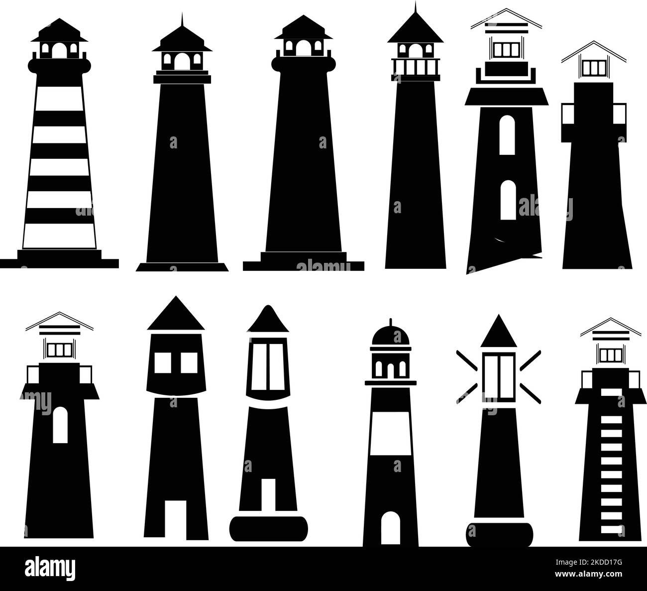 Un set di clip art di silhouette di diversi tipi di fari Illustrazione Vettoriale