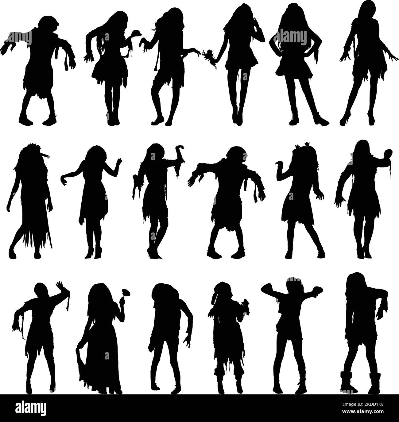 Un pacchetto di zombie con silhouette femminile defunto sullo sfondo bianco Illustrazione Vettoriale