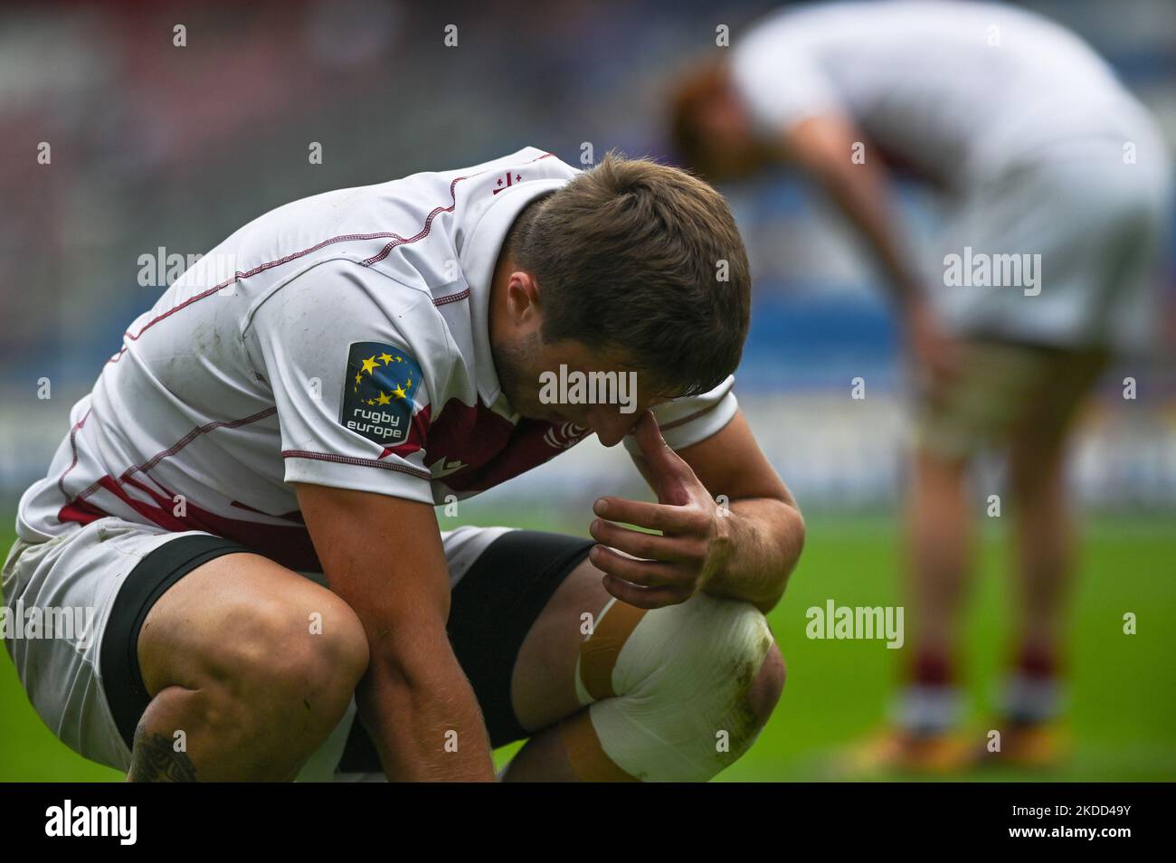 Stanchi giocatori georgiani alla fine della Francia 7s uomini contro Georgia 7s uomini, un Pool Una partita di qualifica della seconda tappa della Rugby Europe Sevens Championship Series 2022 a Cracovia. Sabato 02 luglio 2022, allo stadio municipale di Henryk Reyman, Cracovia, Malopolskie Voivodato, Polonia. (Foto di Artur Widak/NurPhoto) Foto Stock