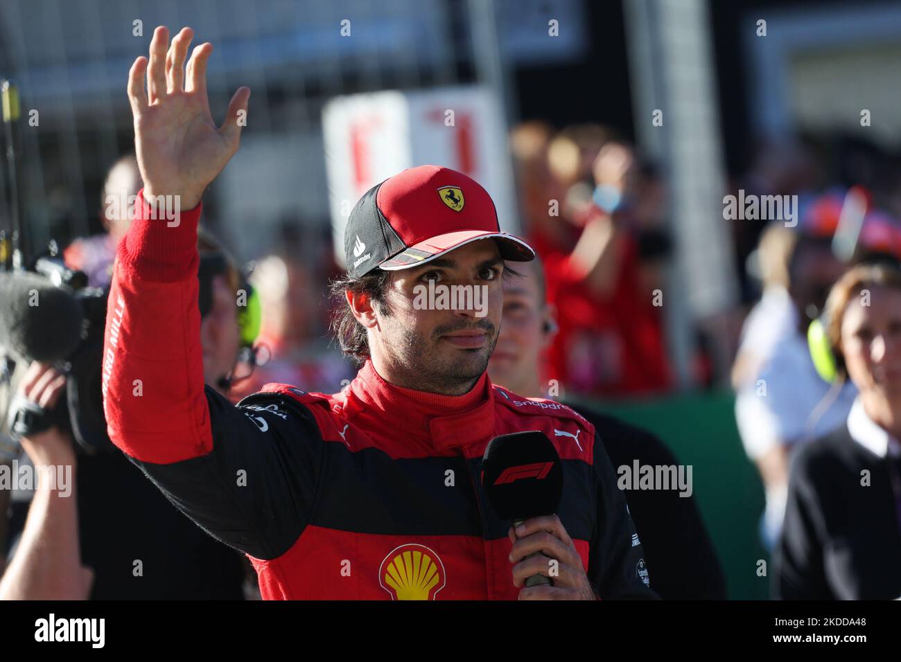 Carlos Sainz della Ferrari dopo le qualifiche per il Gran Premio d’Austria di Formula 1 al Red Bull Ring di Spielberg, Austria, il 8 luglio 2022. (Foto di Jakub Porzycki/NurPhoto) Foto Stock