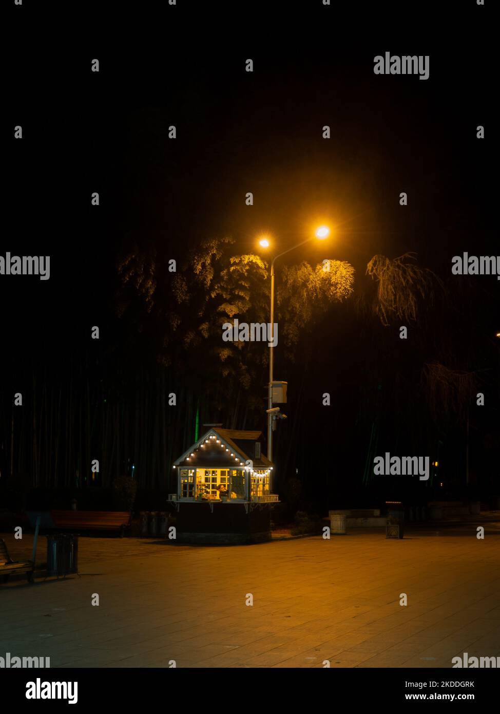 Bella stalla nel parco notturno. Illuminazione stradale. Vendita di beni di notte. luogo di villeggiatura Foto Stock