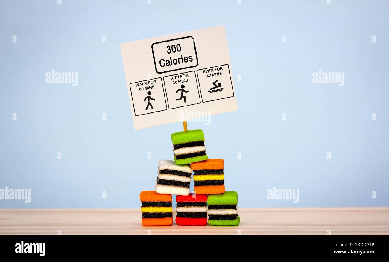 Dolci con etichetta informativa che mostra la quantità di esercizio fisico, camminare, correre e nuotare, necessari per risolvere le calorie mangiate, attività fisica Foto Stock