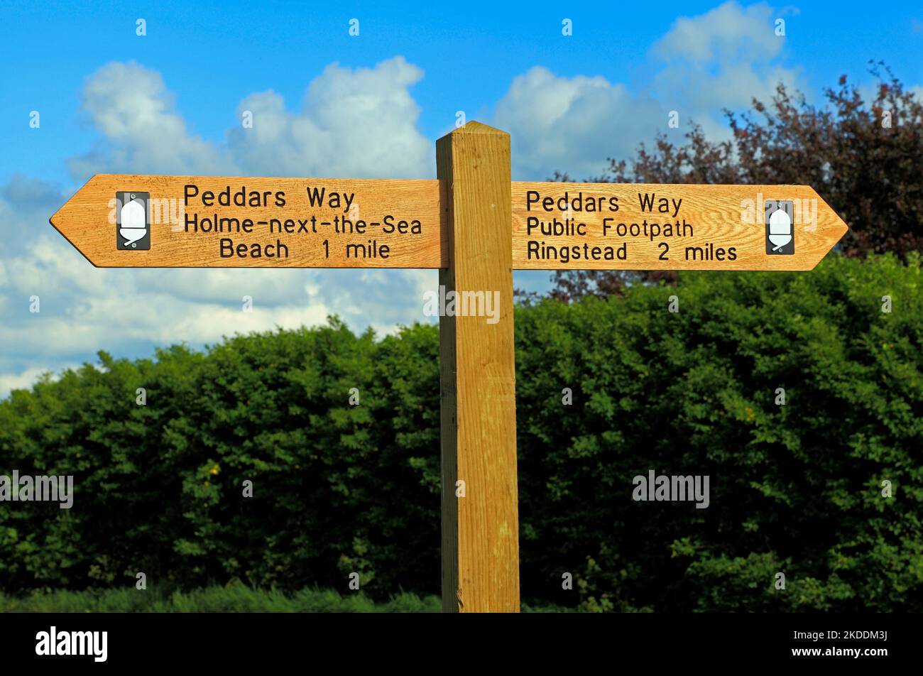 Peddars Way cartello post, sentiero, Holme next the Sea, Norfolk, Inghilterra, Regno Unito Foto Stock