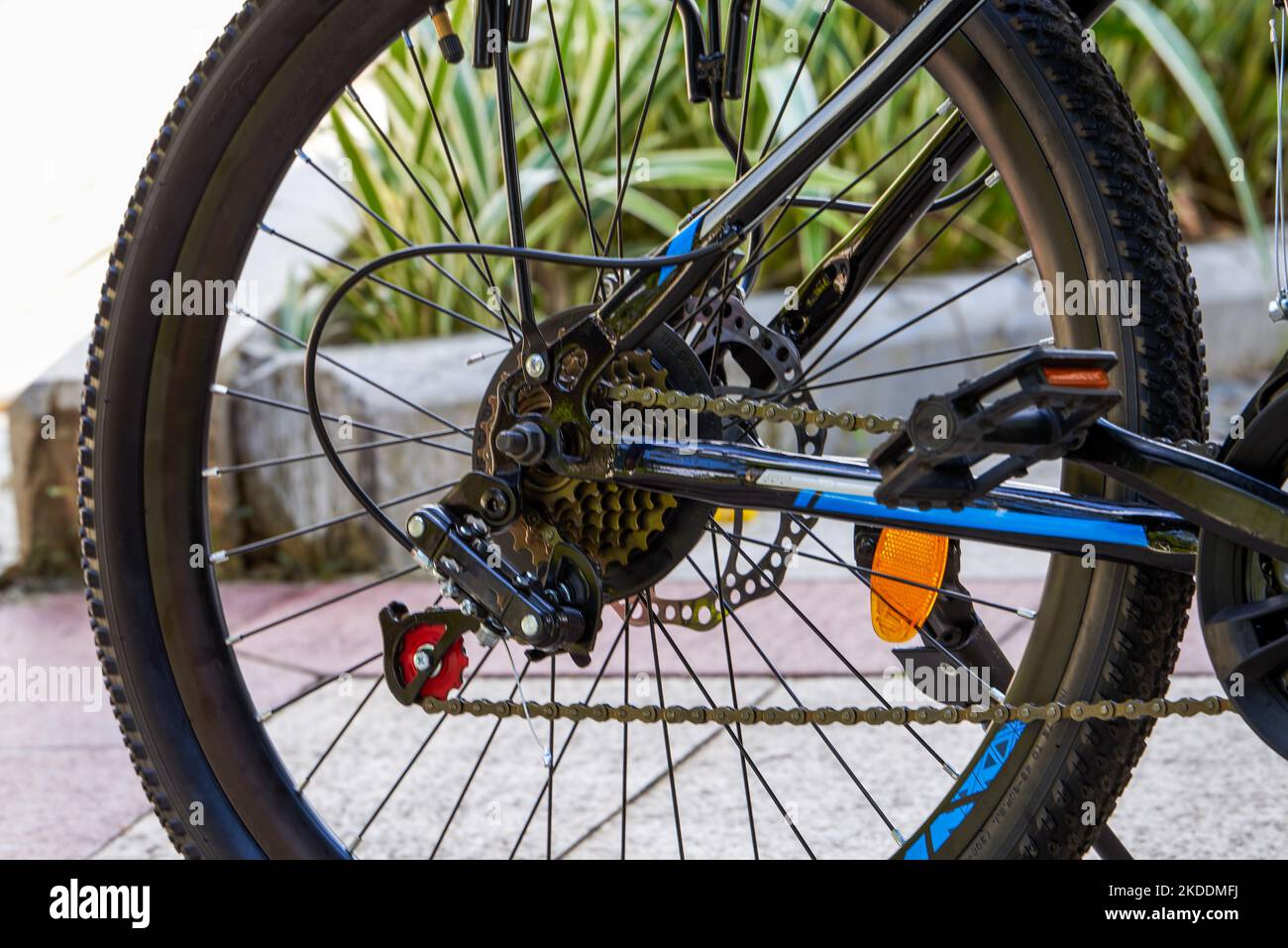 Primo piano della ruota posteriore di una moto da corsa professionale Foto Stock