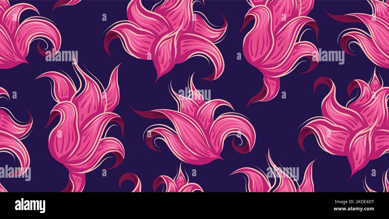 Fantastica texture floreale su sfondo viola scuro. Motivo vettoriale con favolose teste di fiori rosa arricciati per carta da imballaggio, sfondi e f Illustrazione Vettoriale