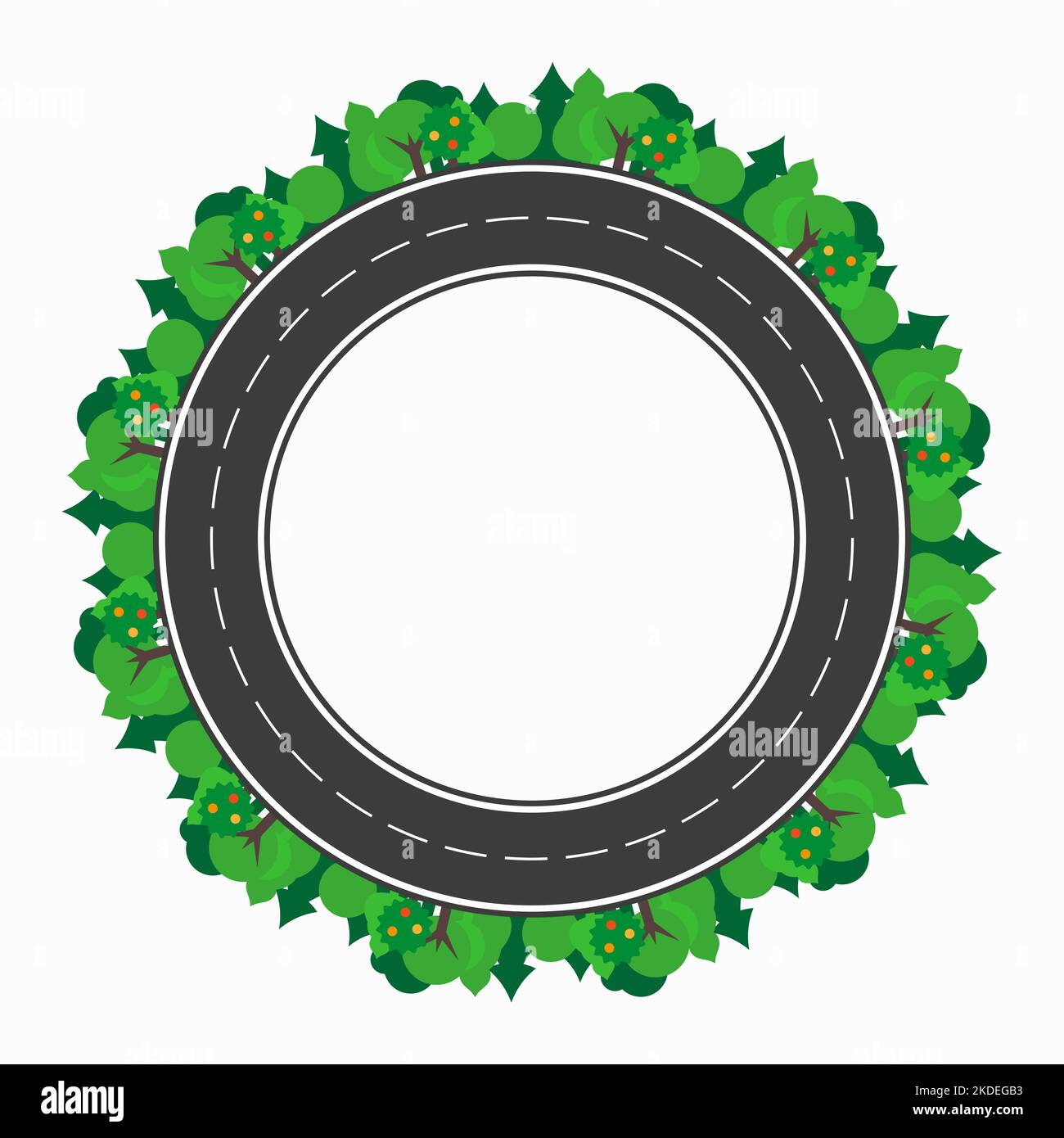 Bellissimo parco verde intorno alla circonvallazione. Illustrazione del vettore piatto isolata su sfondo bianco. Illustrazione Vettoriale