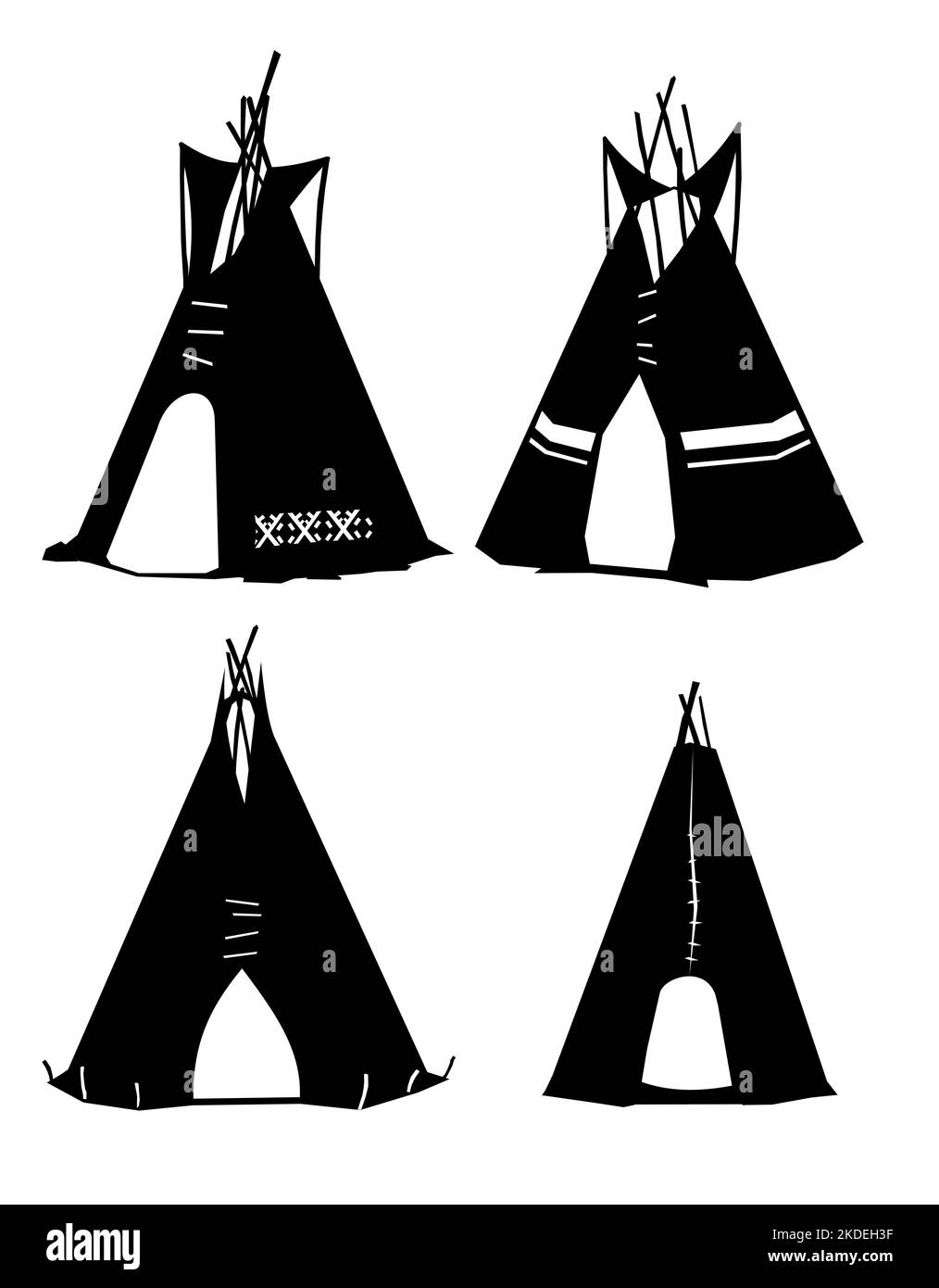 Set di Silhouettes Indiani wigwam capanna fatto di feltro e pelli. Dimora tribale nordamericana. Casa tradizionale di popoli nomadi. Isolato su bianco Illustrazione Vettoriale