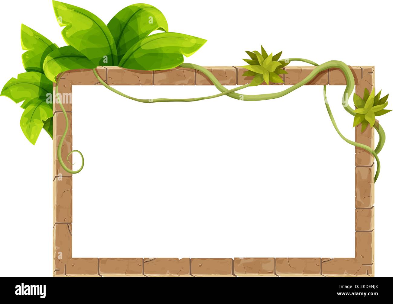 Cornice in mattoni di pietra cornice giungla decorata con liana, foglie tropicali e erba medievale antico in stile cartone animato, isolato su sfondo bianco. Decorazione del gioco, menu. Illustrazione vettoriale Illustrazione Vettoriale