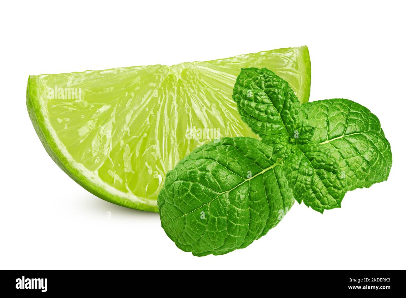 Foglie di lime e menta isolate su sfondo bianco, percorso di ritaglio, profondità di campo completa Foto Stock