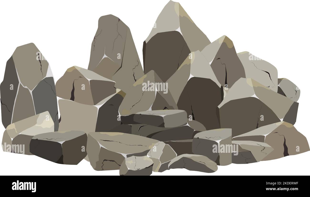 Ciottoli costieri, ciottoli, ghiaia, minerali e formazioni geologiche. Raccolta di pietre di varie forme. Frammenti di roccia, massi e materiale da costruzione. Illustrazione vettoriale. Illustrazione Vettoriale