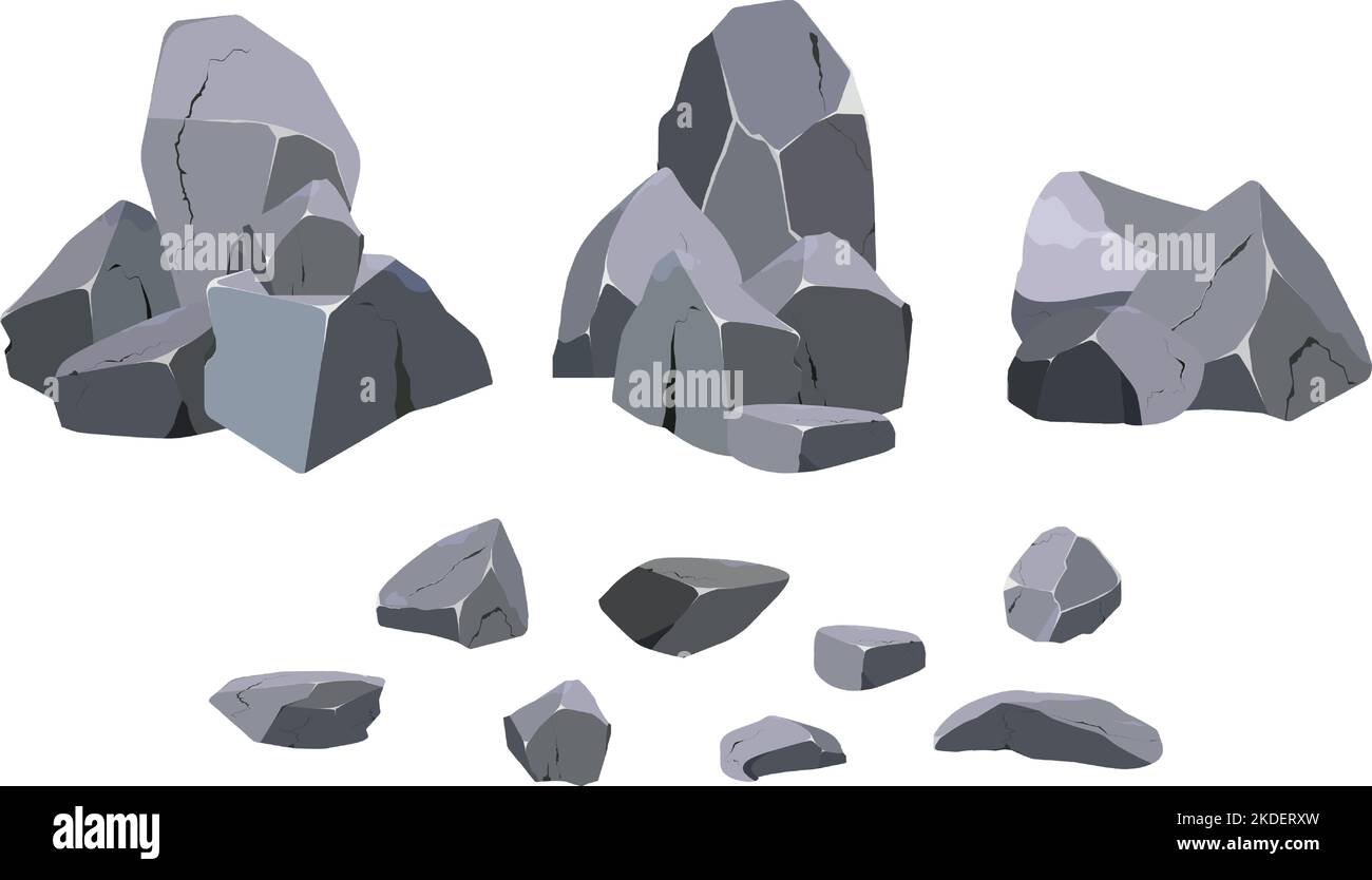 Ciottoli costieri, ciottoli, ghiaia, minerali e formazioni geologiche. Raccolta di pietre di varie forme. Frammenti di roccia, massi e materiale da costruzione. Illustrazione vettoriale. Illustrazione Vettoriale