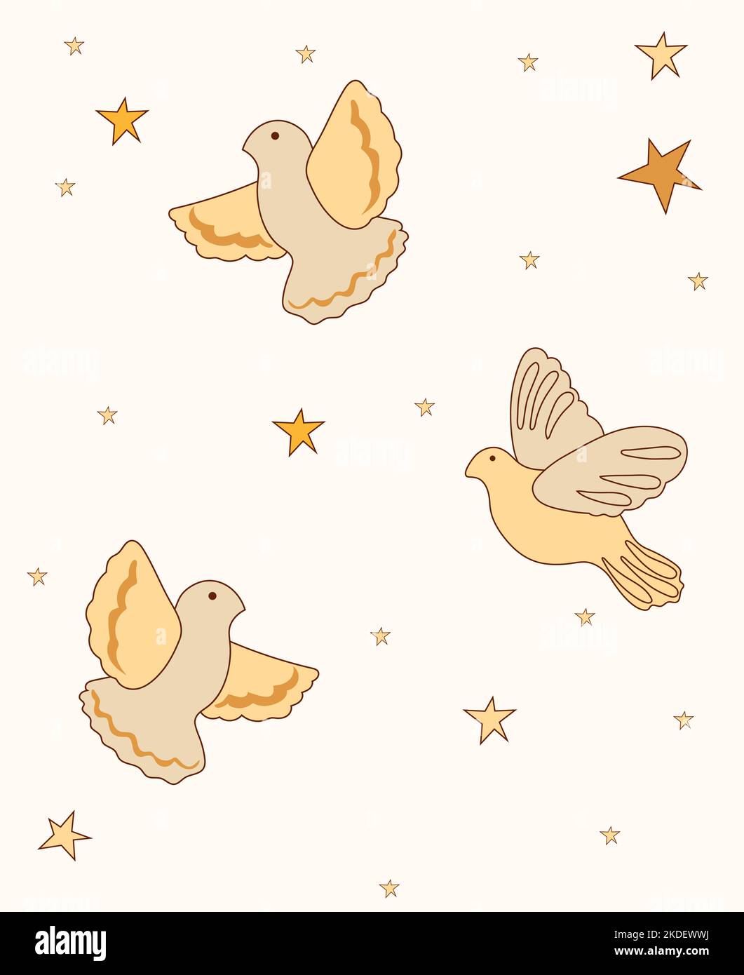 Composizione positiva 70s con colombe volanti e stelle intorno. Composizione in stile vintage perfetta per cartoline, poster, cartoline, striscioni. Vettore Illustrazione Vettoriale
