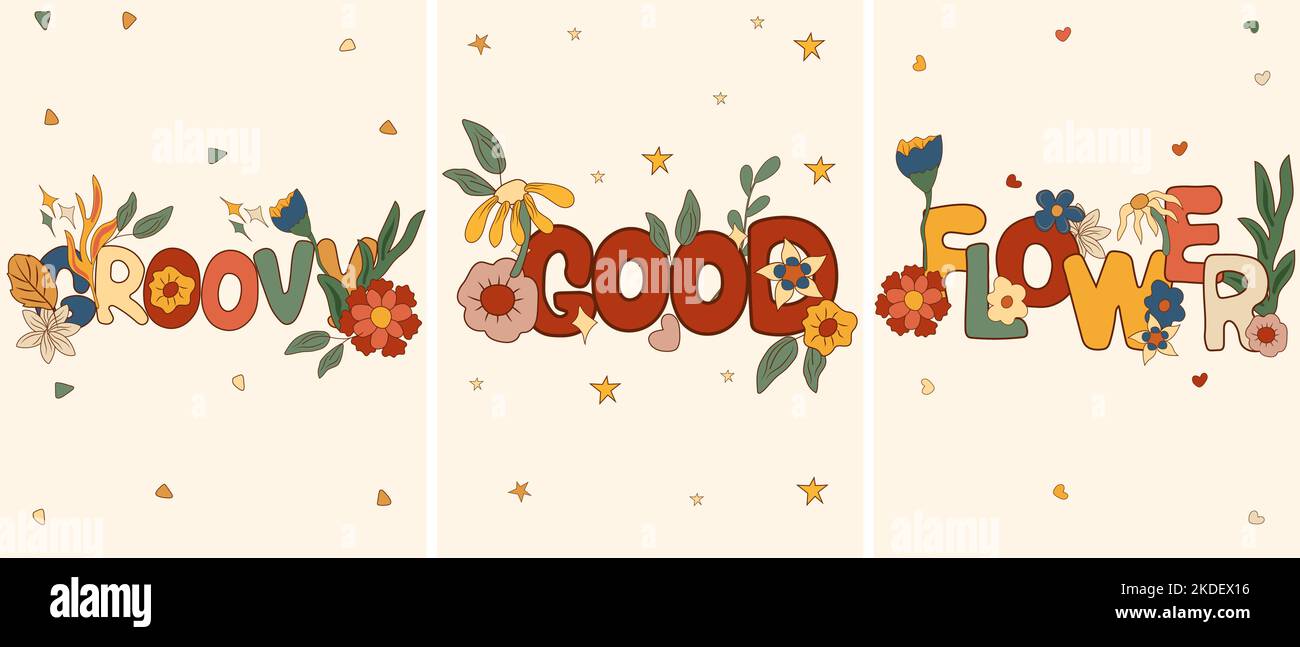 Composizione positiva 70s con lettere colorate retrò, Groovy, Good, Flower. Simboli hippie psichedelici perfetti per carte, poster, cartoline, banner. Vettore. Illustrazione Vettoriale