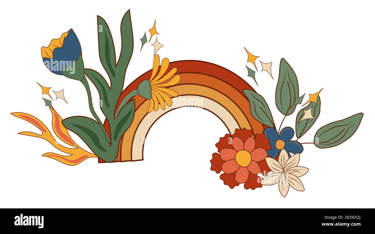 Composizione positiva dell'hippie 70s, con arcobaleno colorato, fiori e foglie. Elementi di scanalatura psichedelici. Perfetto per biglietti d'auguri, poster, cartoline, striscioni. Vettore Illustrazione Vettoriale