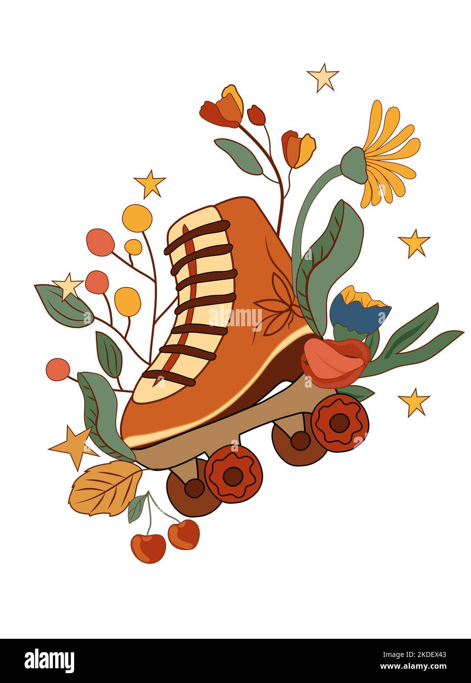 Retro composizione 70s con pattini colorati a rulli, fiori e foglie. Simboli psichedelici groovy perfetti per carte, poster, cartoline, banner. Vettore. Illustrazione Vettoriale