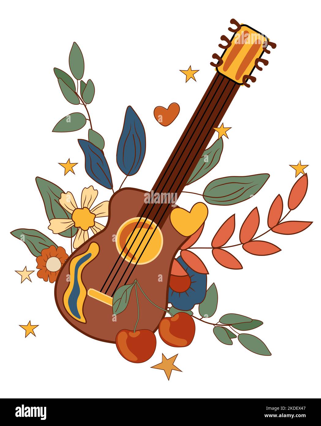 Composizione positiva 70s con chitarra retrò, fiori e foglie colorate, ciliegia, stelle. Simboli psichedelici groovy perfetti per carte, poster, cartoline, banner. Vettore. Illustrazione Vettoriale