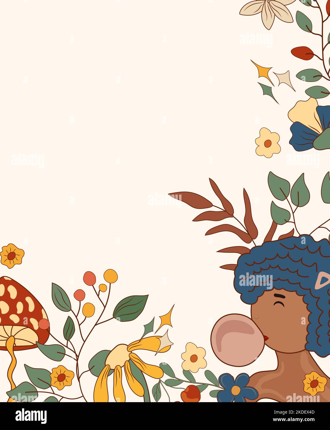 Composizione positiva 70s con corona colorata, ragazze retrò, funghi, foglie. Simboli hippie psichedelici. Poster vintage perfetto per biglietti d'auguri, poster, cartoline, banner. Vettore. Illustrazione Vettoriale