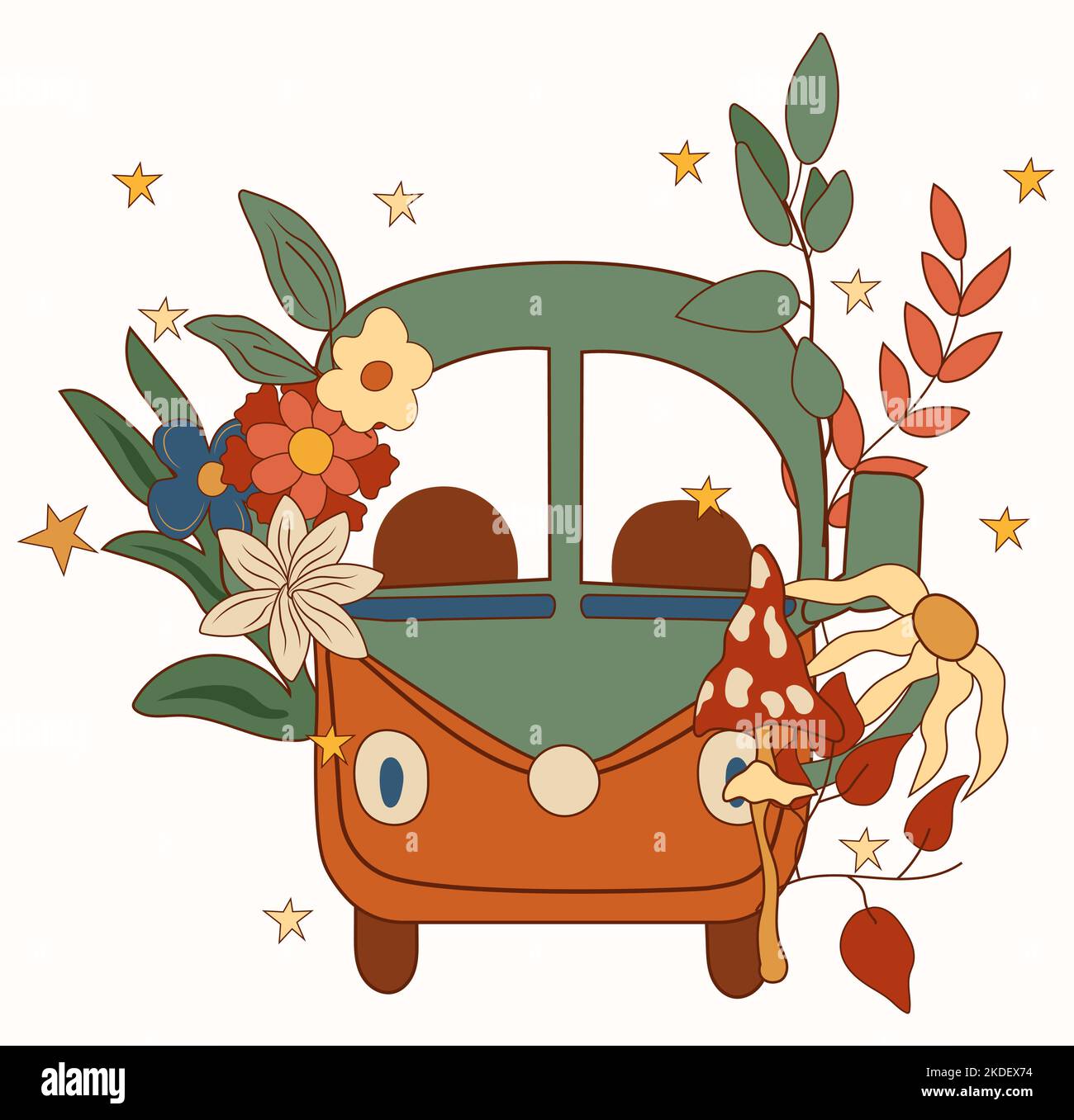 Composizione positiva 70s con retrò bus, fungo, fiori colorati e foglie. Simboli hippie positivi. Perfetto per biglietti d'auguri, poster, cartoline, striscioni. Vettore. Illustrazione Vettoriale