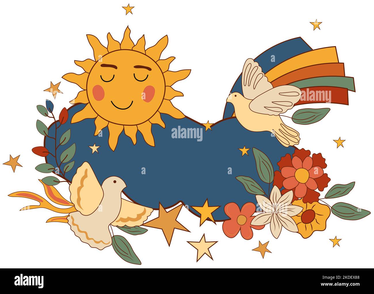 Composizione positiva 70s con nuvola, sorriso solare, colomba volante, fiori colorati e foglie. Simboli psichedelici groovy perfetti per carte, poster, cartoline, banner. Vettore. Illustrazione Vettoriale