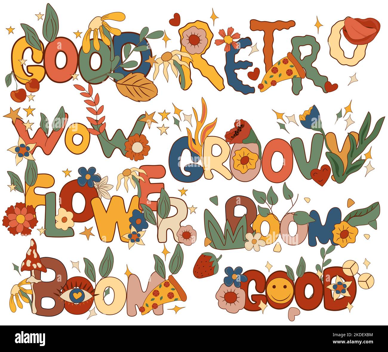 Composizione positiva 70s con scritte colorate retrò, Groovy, retro, Flower e altro. Simboli hippie psichedelici perfetti per carte, poster, cartoline, banner. Vettore. Illustrazione Vettoriale