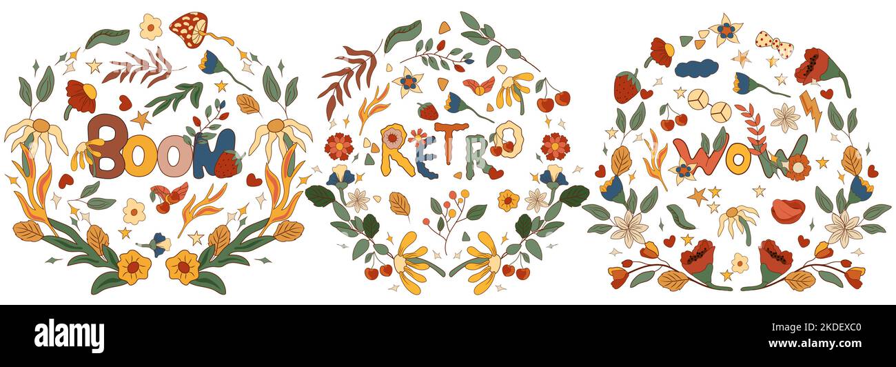 Composizione positiva 70s con lettere colorate retrò in una corona, Boom, retro, WoW. Simboli psichedelici groovy perfetti per carte, poster, cartoline, banner. Vettore. Illustrazione Vettoriale