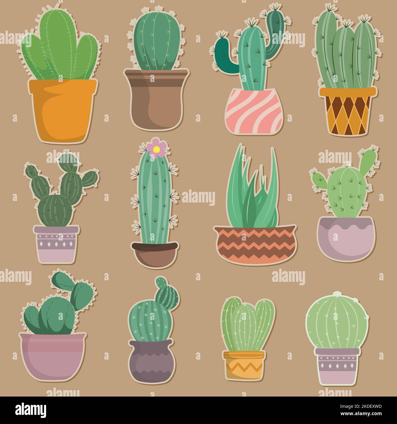 Set di Cactus disegnati a mano in pentole. Illustrazione Vettoriale