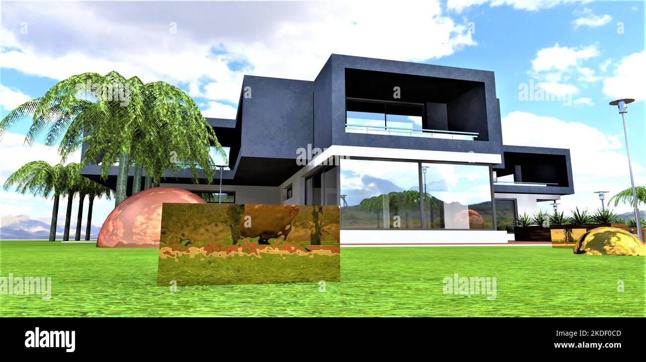 Un pezzo di metallo a forma di parallelepipedo di metallo giallastro sull'erba di fronte ad una casa in un futuro lontano. rendering 3d. Foto Stock